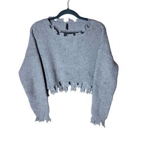 Aria Clothing Cropped Distressed Hem Sweater in Grey Ribbing S